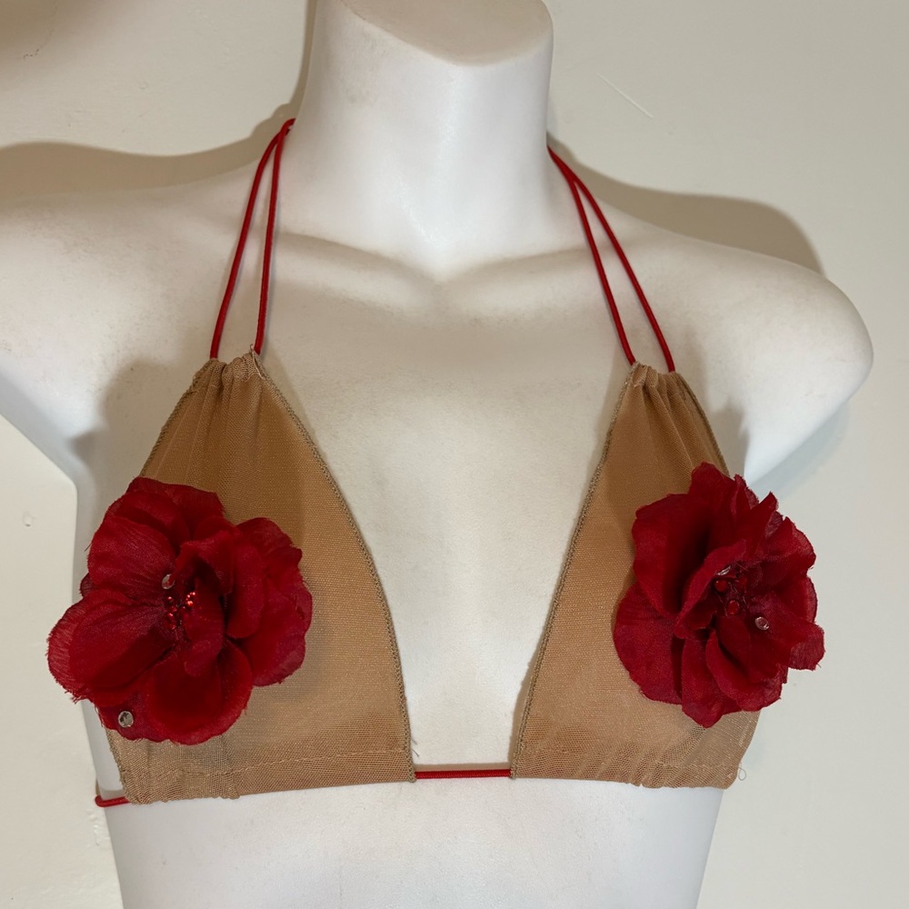 Showgirl illusion mesh bra top costume red flower rose rhinestone festival